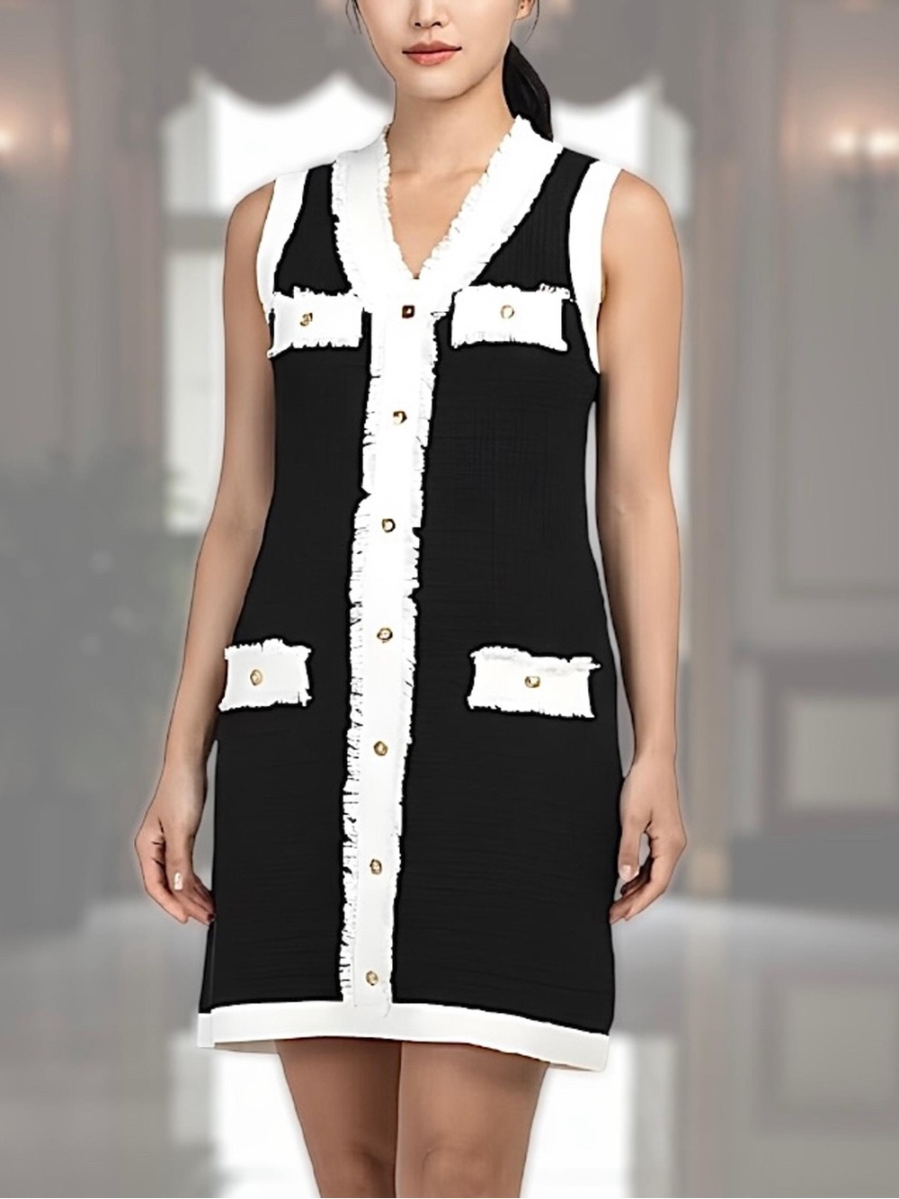 London Times Black & White Sleeveless Knit Dress